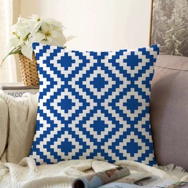 Lacivert Geometrik Çizimli Dijital Baskılı Modern Raşel Yastık Kırlent Kılıfı