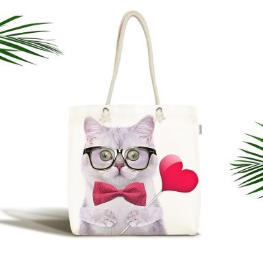 Kedili Dijital Baskılı  Fermuarlı Omuz Çantası