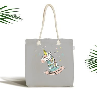 Çocuk Çantası - Gri Zeminde Unicorn Motifli Kumaş Çanta