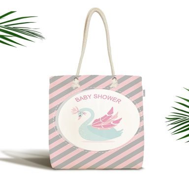 Çocuk Çantası - Pembe Gri Çizgili Kuğu Tasarımlı Kumaş Çanta