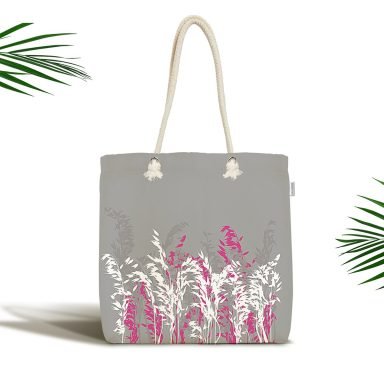 Gri Zeminde Fuşya Ve Beyaz Çiçek Tasarımlı Fermuarlı Plaj Çantası