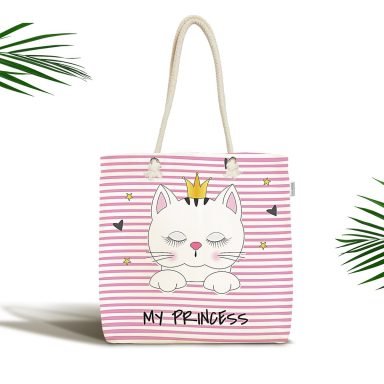 My Princess Pembe Çizgiler Üzerinde Taçlı Kedicik Kumaş Çanta