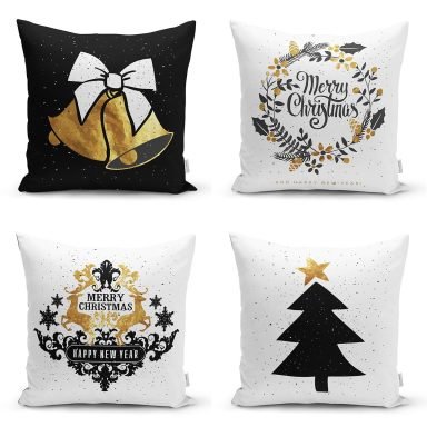 4'lü Siyah Beyaz Gold Detaylı Mery Christmas Temalı Dijital Baskılı Modern Kırlent Kılıfı Seti