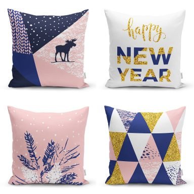 4'lü Happy New Year Temalı Dijital Baskılı Modern Kırlent Kılıfı Seti