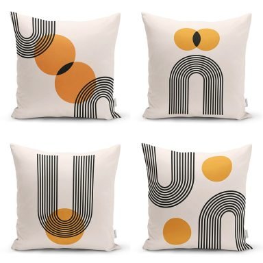 4'lü Geometrik Çizimli Soyut Tasarımlı Dijital Baskılı Modern Kırlent Kılıfı Seti