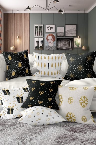 7'li Christmas Temalı Gold Detaylı Dijital Baskılı Kırlent Kılıfı Seti