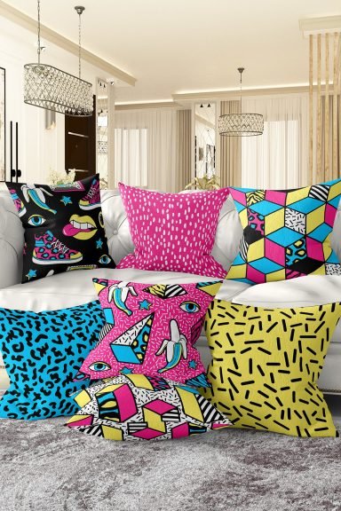 7'li Renkli Pop-Art Tasarımlı Dijital Baskılı Kırlent Kılıfı Seti