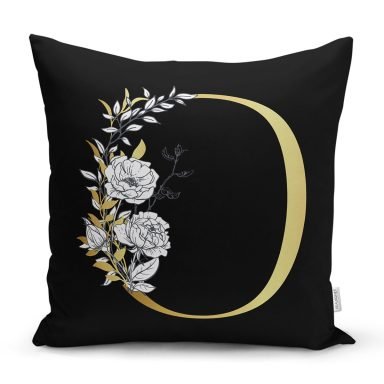 Siyah Zemin Beyaz Gül Motifli Gold O Harfi Özel Tasarım Dijital Baskılı Yastık Kırlent Kılıfı