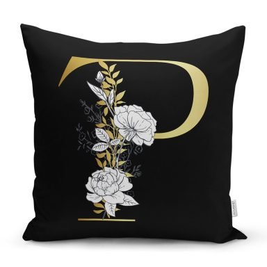 Siyah Zemin Beyaz Gül Motifli Gold P Harfi Özel Tasarım Dijital Baskılı Yastık Kırlent Kılıfı