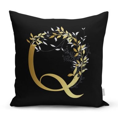Siyah Zemin Beyaz Gül Motifli Gold Q Harfi Özel Tasarım Dijital Baskılı Yastık Kırlent Kılıfı