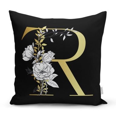 Siyah Zemin Beyaz Gül Motifli Gold R Harfi Özel Tasarım Dijital Baskılı Yastık Kırlent Kılıfı