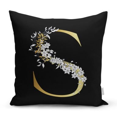 Siyah Zemin Beyaz Gül Motifli Gold S Harfi Özel Tasarım Dijital Baskılı Yastık Kırlent Kılıfı