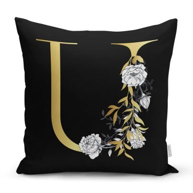 Siyah Zemin Beyaz Gül Motifli Gold U Harfi Özel Tasarım Dijital Baskılı Yastık Kırlent Kılıfı