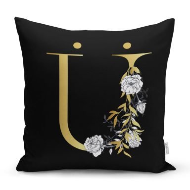 Siyah Zemin Beyaz Gül Motifli Gold Ü Harfi Özel Tasarım Dijital Baskılı Yastık Kırlent Kılıfı