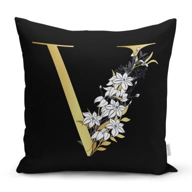 Siyah Zemin Beyaz Gül Motifli Gold V Harfi Özel Tasarım Dijital Baskılı Yastık Kırlent Kılıfı