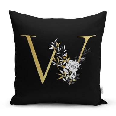 Siyah Zemin Beyaz Gül Motifli Gold W Harfi Özel Tasarım Dijital Baskılı Yastık Kırlent Kılıfı