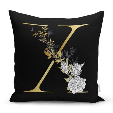 Siyah Zemin Beyaz Gül Motifli Gold X Harfi Özel Tasarım Dijital Baskılı Yastık Kırlent Kılıfı