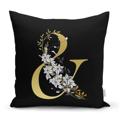 Siyah Zemin Beyaz Gül Motifli Gold & Harfi Özel Tasarım Dijital Baskılı Yastık Kırlent Kılıfı