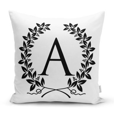 Siyah Beyaz Çelenkli A Harfi Özel Tasarım Dijital Baskılı Yastık Kırlent Kılıfı