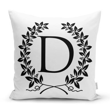 Siyah Beyaz Çelenkli D Harfi Özel Tasarım Dijital Baskılı Yastık Kırlent Kılıfı