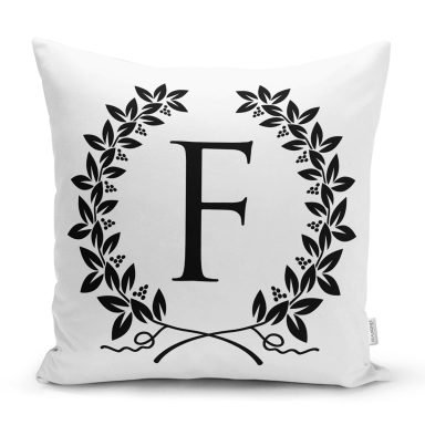 Siyah Beyaz Çelenkli F Harfi Özel Tasarım Dijital Baskılı Yastık Kırlent Kılıfı