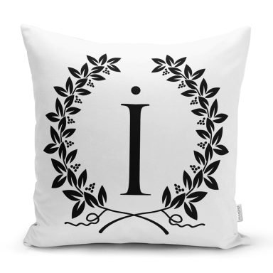 Siyah Beyaz Çelenkli İ Harfi Özel Tasarım Dijital Baskılı Yastık Kırlent Kılıfı