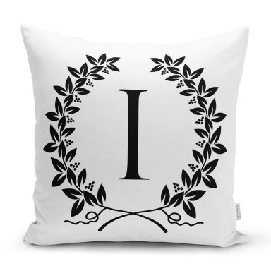 Siyah Beyaz Çelenkli I Harfi Özel Tasarım Dijital Baskılı Yastık Kırlent Kılıfı