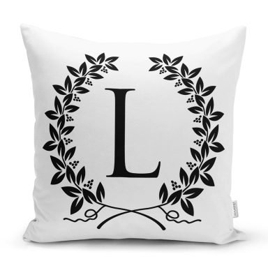 Siyah Beyaz Çelenkli L Harfi Özel Tasarım Dijital Baskılı Yastık Kırlent Kılıfı