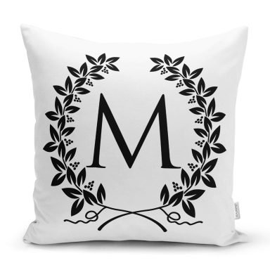 Siyah Beyaz Çelenkli M Harfi Özel Tasarım Dijital Baskılı Yastık Kırlent Kılıfı
