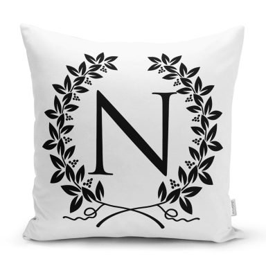 Siyah Beyaz Çelenkli N Harfi Özel Tasarım Dijital Baskılı Yastık Kırlent Kılıfı