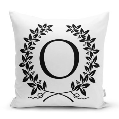 Siyah Beyaz Çelenkli O Harfi Özel Tasarım Dijital Baskılı Yastık Kırlent Kılıfı