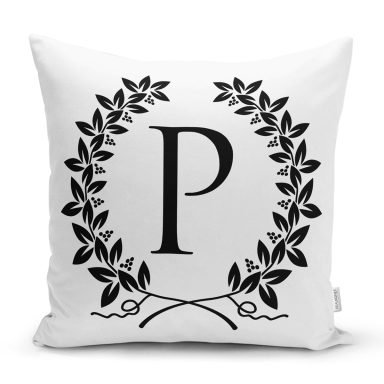 Siyah Beyaz Çelenkli P Harfi Özel Tasarım Dijital Baskılı Yastık Kırlent Kılıfı
