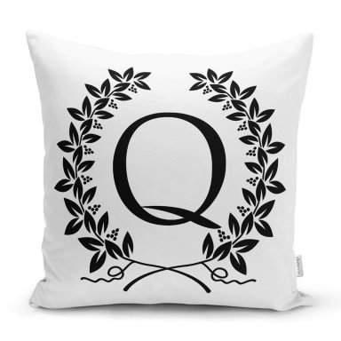 Siyah Beyaz Çelenkli Q Harfi Özel Tasarım Dijital Baskılı Yastık Kırlent Kılıfı