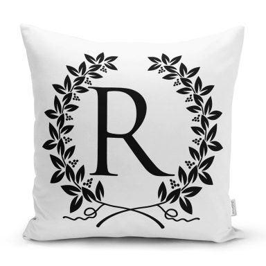 Siyah Beyaz Çelenkli R Harfi Özel Tasarım Dijital Baskılı Yastık Kırlent Kılıfı