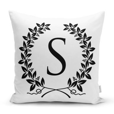 Siyah Beyaz Çelenkli S Harfi Özel Tasarım Dijital Baskılı Yastık Kırlent Kılıfı