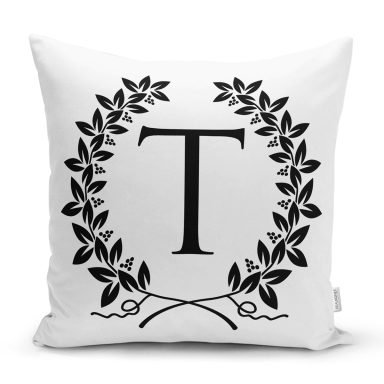 Siyah Beyaz Çelenkli T Harfi Özel Tasarım Dijital Baskılı Yastık Kırlent Kılıfı