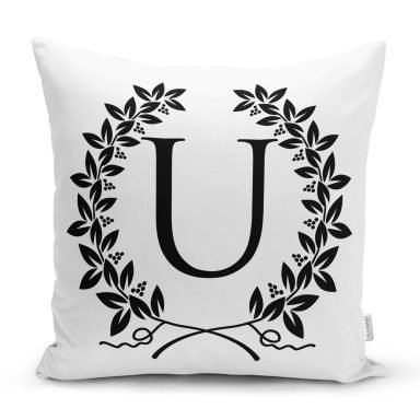 Siyah Beyaz Çelenkli U Harfi Özel Tasarım Dijital Baskılı Yastık Kırlent Kılıfı