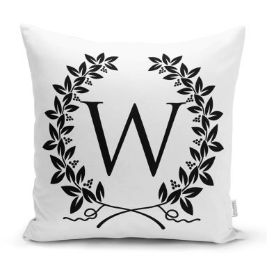 Siyah Beyaz Çelenkli W Harfi Özel Tasarım Dijital Baskılı Yastık Kırlent Kılıfı