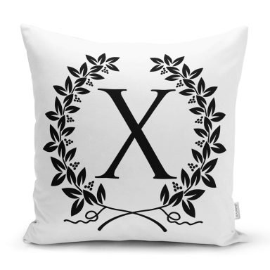 Siyah Beyaz Çelenkli X Harfi Özel Tasarım Dijital Baskılı Yastık Kırlent Kılıfı