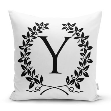 Siyah Beyaz Çelenkli Y Harfi Özel Tasarım Dijital Baskılı Yastık Kırlent Kılıfı