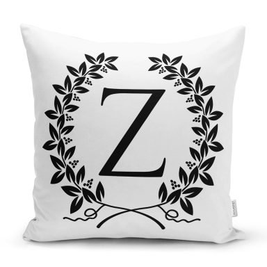 Siyah Beyaz Çelenkli Z Harfi Özel Tasarım Dijital Baskılı Yastık Kırlent Kılıfı
