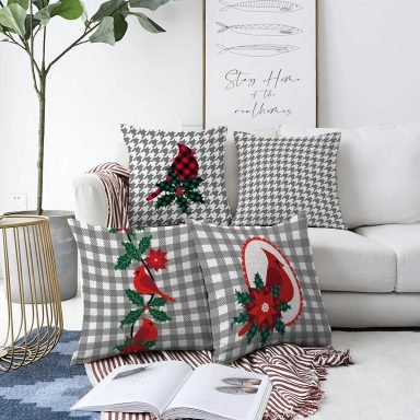 4'lü Gri Ekose Zeminli Kuş Tasarımlı Dijital Baskılı Modern Raşel Kadife Kırlent Kılıfı Seti