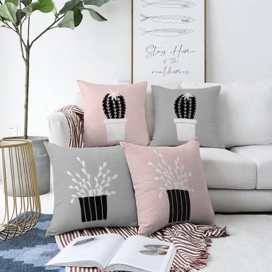 4'lü Gri & Pembe Zeminli Saksılı Kaktüs Tasarımlı Dijital Baskılı Modern Raşel Kadife Kırlent Kılıfı Seti