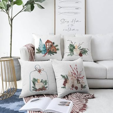 4'lü Özel Tasarım Mum Temalı Dijital Baskılı Modern Raşel Kadife Kırlent Kılıfı Seti