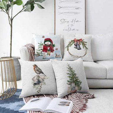 4'lü Kardan Adam & Çam Ağacı Motifli Dijital Baskılı Modern Raşel Kadife Kırlent Kılıfı Seti