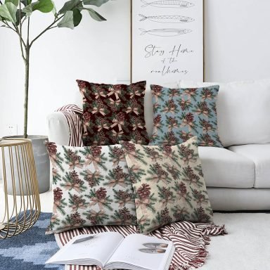 4'lü Pastel Zeminli Kozalak Tasarımlı Dijital Baskılı Modern Raşel Kadife Kırlent Kılıfı Seti