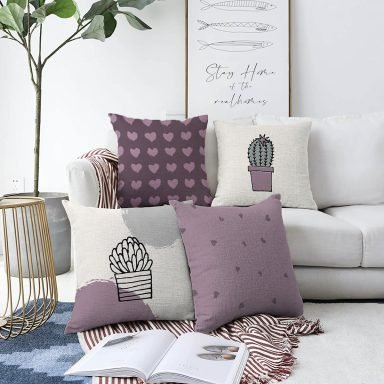 4'lü Kalp & Kaktüs Özel Tasarım Dijital Baskılı Modern Raşel Kadife Kırlent Kılıfı Seti