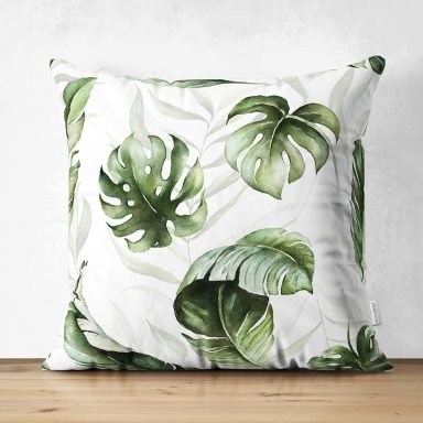 Yeşil Tropik Yapraklar Tasarımlı Dijital Baskılı Modern Süet Yastık Kırlent Kılıfı