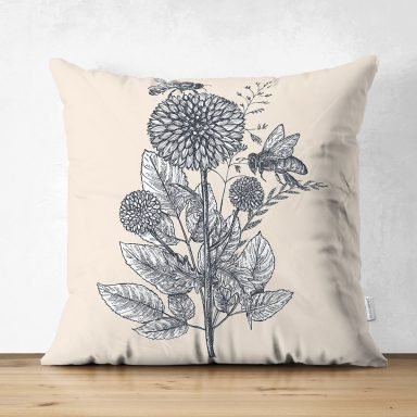 Krem Zemin Karakalem Çizimli Dijital Baskılı Dekoratif Süet Yastık Kırlent Kılıfı