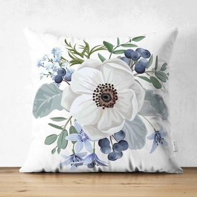 Beyaz Gül Tasarımlı Dijital Baskılı Dekoratif Süet Yastık Kırlent Kılıfı